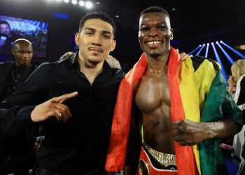 Teofimo Lopez (left) with Richard Commey (right) after Commey defeated Ray Beltran
