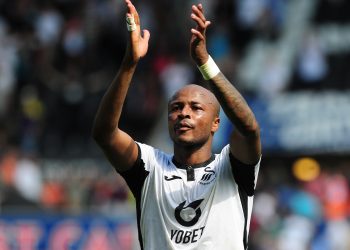 SWANSEA, WALES - AUGUST 25: Andre Ayew of Swansea City applauds the fans at the final whistle during the Sky Bet Championship match between Swansea City and Birmingham City at the Liberty Stadium on August 25, 2019 in Swansea, Wales. (Photo by Athena Pictures/Getty Images)