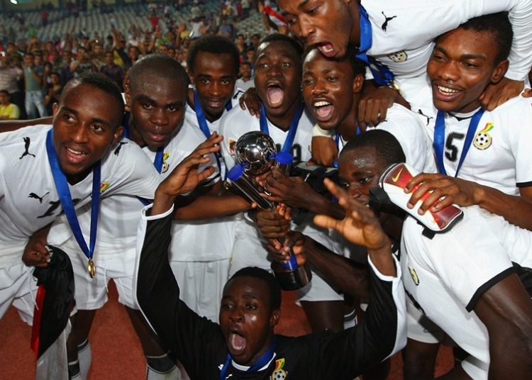 The Ghana players celebrate their historic win