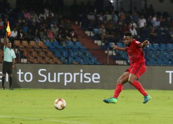 Asamoah Gyan of Northeast United FC scores a goal but was given a off side by the side line referee during match 2 of the Indian Super League ( ISL ) between the Bengaluru FC and North East United FC held at the Sree Kanteerava Stadium, Bengaluru, India on the 21st October 2019.

Photo by: Vipin Pawar / SPORTZPICS for ISL