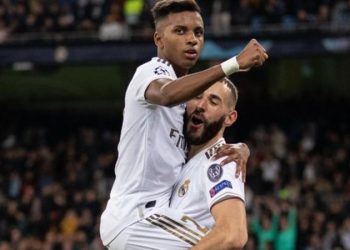 Rodrygo (left) completed his hat-trick in stoppage time after Karim Benzema's brace (Image credit: Rex Features)