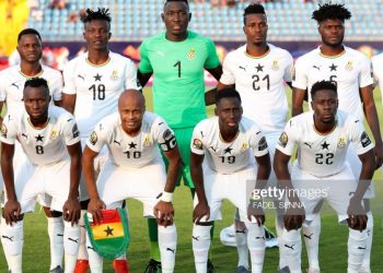 (Top L to R) Ghana's defender Baba Rahman, Ghana's midfielder Mubarak Wakaso, Ghana's defender Jospeh Aidoo, Ghana's goalkeeper Richard Ofori, Ghana's defender John Boye, Ghana's midfielder Thomas Partey, Ghana's forward Jordan Ayew, (bottom L to R) Ghana's forward Owusu Kwabena, Ghana's midfielder Andre Ayew, Ghana's midfielder Samuel Owusu and Ghana's defender Andy Yiadom pose for a group picture during the 2019 Africa Cup of Nations (CAN) Group F football match between Guinea-Bissau and Ghana at the Suez Stadium in the north-eastern Egyptian city on July 2, 2019. (Photo by fadel senna / AFP)        (Photo credit should read FADEL SENNA/AFP/Getty Images)
