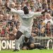 Tony Yeboah celebrates scoring for Leeds United in their 4-2 won over Wimbledon.