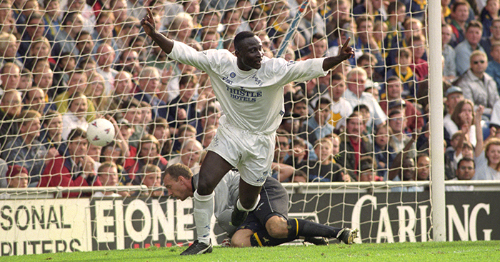 Tony Yeboah celebrates scoring for Leeds United in their 4-2 won over Wimbledon.