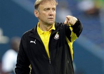 Ghana's coach Goran Stevanovic reacts during their African Cup of Nations Group D soccer match against Botswana at the Stade de Franceville in Franceville, Gabon, Tuesday Jan. 24, 2012. (AP Photo/Themba Hadebe)