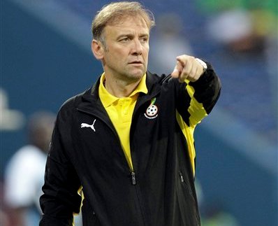 Ghana's coach Goran Stevanovic reacts during their African Cup of Nations Group D soccer match against Botswana at the Stade de Franceville in Franceville, Gabon, Tuesday Jan. 24, 2012. (AP Photo/Themba Hadebe)