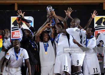 CAIRO, EGYPT - OCTOBER 16:  Ghana captain Andre Ayew holds up the trophy with team-mates during the FIFA U20 World Final match between Ghana and Brazil at the Cairo International Stadium  on October 16, 2009 in Cairo, Egypt.  (Photo by Shaun Botterill - FIFA/FIFA via Getty Images)