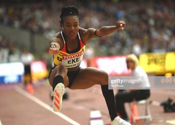 Nadia EKE, Ghana, at triple jump preliminary heat at London Stadium in London on August 5, 2017 at the 2017 IAAF World Championships athletics. (Photo by Ulrik Pedersen/NurPhoto via Getty Images)