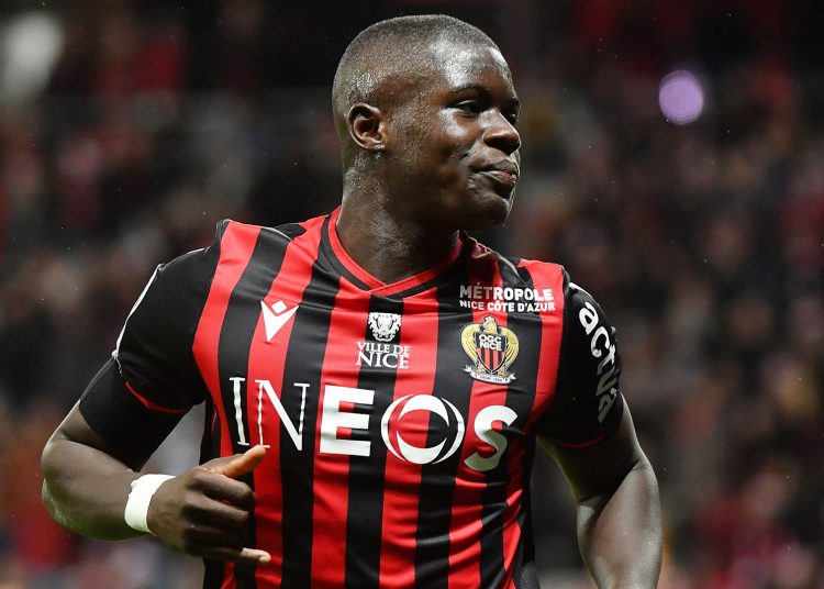 Nice's French defender Malang Sarr celebrates after scoring a goal during the French L1 football match between OGC Nice (OGCN) and Toulouse FC (TFC) at the Allianz Riviera stadium, in Nice, southeastern France, on December 21, 2019. (Photo by YANN COATSALIOU / AFP) (Photo by YANN COATSALIOU/AFP via Getty Images)