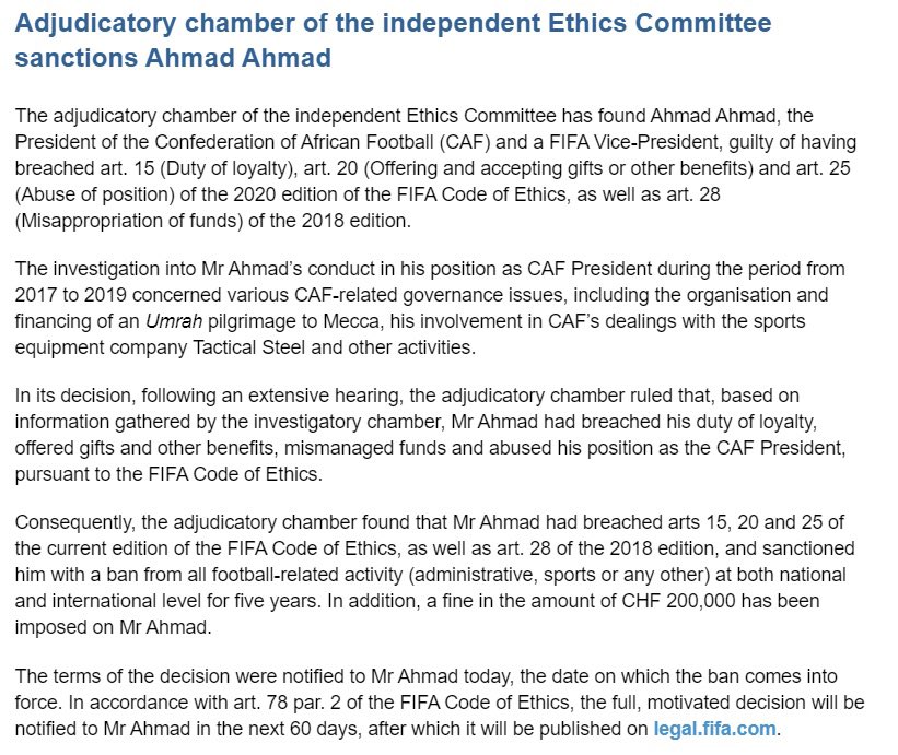FIFA bans CAF President Ahmad Ahmad for five years