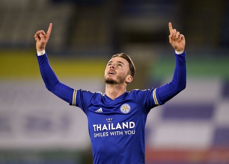 Leicester City's James Maddison celebrates scoring his side's first goal of the game during the Premier League match at The King Power Stadium, Leicester. PA Photo. Picture date: Saturday January 16, 2021. See PA story SOCCER Leicester. Photo credit should read: Tim Keeton/PA Wire. RESTRICTIONS: EDITORIAL USE ONLY No use with unauthorised audio, video, data, fixture lists, club/league logos or "live" services. Online in-match use limited to 120 images, no video emulation. No use in betting, games or single club/league/player publications.