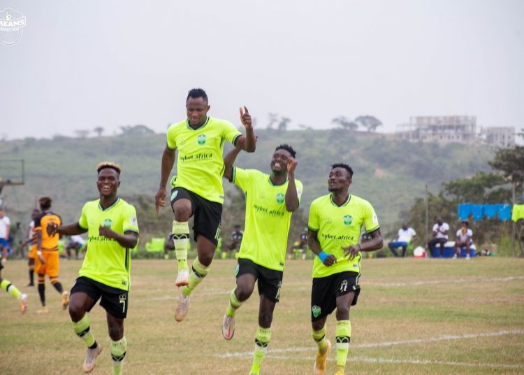 Joseph Esso (second from left) celebrating one of his goals against AshGold (Source: Dreams FC via Twitter)