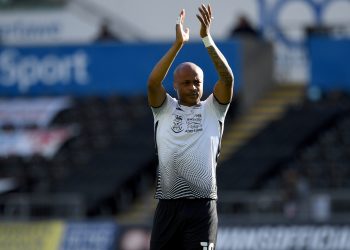 SWANSEA, WALES - MAY 22: André Ayew of Swansea City applauds the fans during the Sky Bet Championship Play-off Semi Final 2nd Leg match between Swansea City and Barnsley at the Liberty Stadium on May 22, 2021 in Swansea, Wales. (Photo by Athena Pictures/Getty Images)