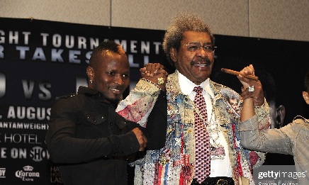 LAS VEGAS, NV - JULY 14:  (L-R) Boxer Joseph Agbeko, Don King and boxer Abner Mares pose during the bantamweight tournament final press conference at the Hard Rock Hotel and Casino on July 14, 2011 in Las Vegas, Nevada.  (Photo by Steven Lawton/FilmMagic)