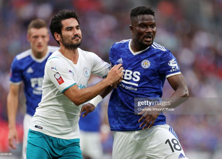 LONDON, ENGLAND - AUGUST 07: Ilkay Gundogan of Man City and Daniel Amartey of Leicester during the FA Community Shield match between Leicester City and Manchester City at Wembley Stadium on August 7, 2021 in London, England. (Photo by Charlotte Wilson/Offside/Offside via Getty Images)