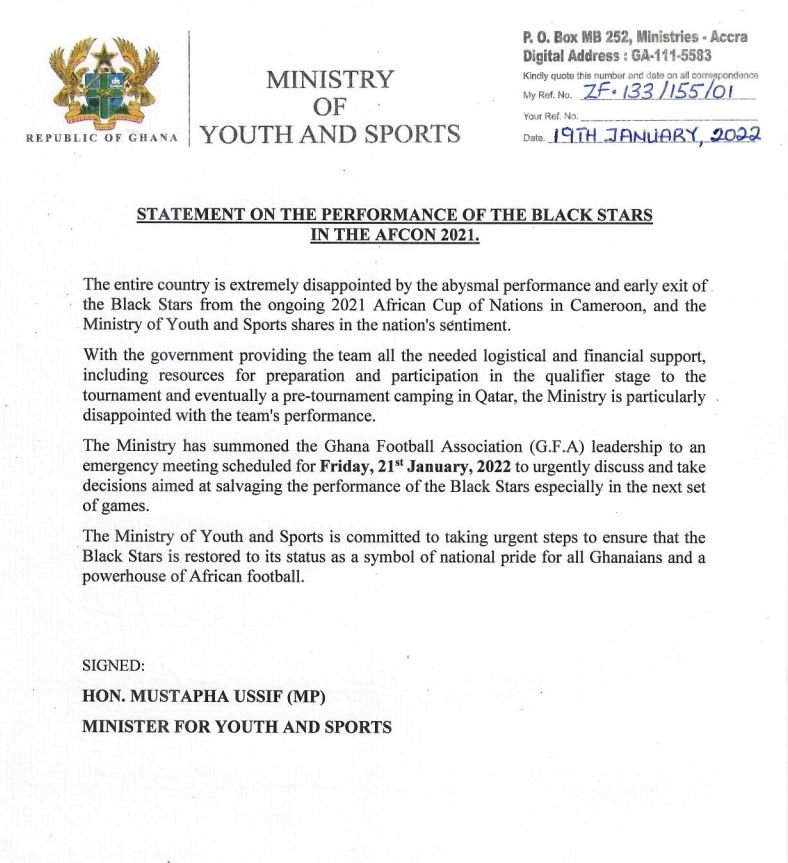 Sports Ministry summons GFA over Black Stars’ early exit from AFCON 2021