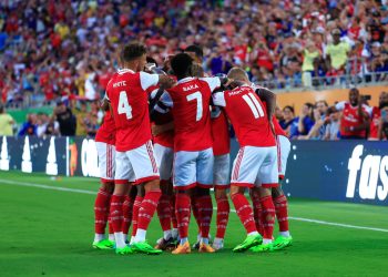 ORLANDO, FLORIDA - JULY 23: Gabriel Jesus (Hidden) of Arsenal celebrates with teammates after scoring their side's first goal during the Florida Cup match between Chelsea and Arsenal at Camping World Stadium on July 23, 2022 in Orlando, Florida. (Photo by Mike Ehrmann/Getty Images)