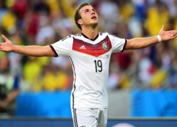 Germany's Mario Gotze celebrates scoring the opening goal