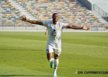 Semenyo celebrates goal against Switzerland in a friendly game.