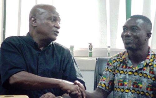 Togbe Afede XIV (left) and Dong Bortey at Hearts Presser