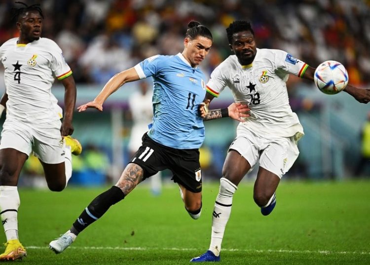 Ghana (white) lost 0-2 to Uruguay in the final game to crash out of the World Cup.