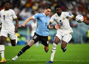 Ghana (white) lost 0-2 to Uruguay in the final game to crash out of the 2022 World Cup.
