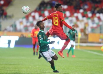 Ghana forward Afriyie Barnieh wins header against Madagascar Photo Courtesy: CAF
