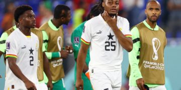 Soccer Football - FIFA World Cup Qatar 2022 - Group H - Portugal v Ghana - Stadium 974, Doha, Qatar - November 24, 2022  Ghana's Antoine Semenyo and Tariq Lamptey look dejected after the match REUTERS/Hannah Mckay
