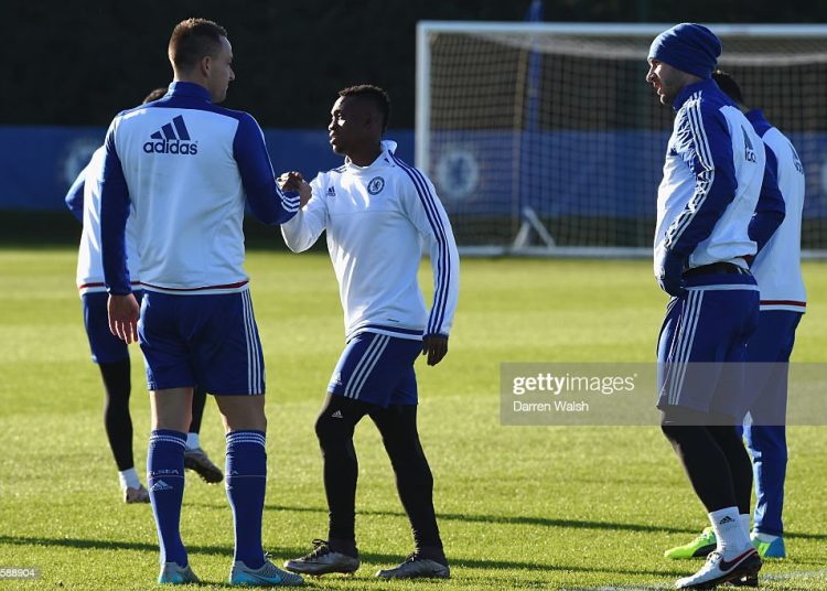 Chelsea's John Terry, Christian Atsu during a training session at the Cobham Training Ground on 15th January 2016 in Cobham, England.  (Photo by Darren Walsh/Chelsea FC via Getty Images)