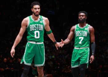 Jayson Tatum #0 and Jaylen Brown #7 of the Boston Celtics (Photo by Nathaniel S. Butler/NBAE via Getty Images)