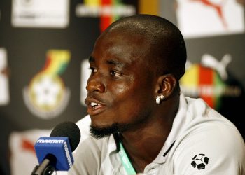 W?rzburg, GERMANY:  Ghanaian midfielder and captain Stephen Appiah addresses a press conference in Wurzburg, 10 June 2006, ahead of his team's first match in the FIFA World Cup. Ghana will play their first match against Italy in a Group E match in Hannover.    AFP PHOTO/ PIUS UTOMI EKPEI  (Photo credit should read PIUS UTOMI EKPEI/AFP via Getty Images)