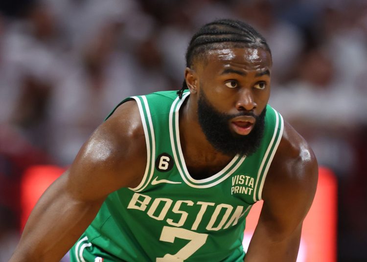 A detailed view of the NBA Finals logo on the jersey of Jaylen Brown  News Photo - Getty Images