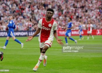 AMSTERDAM, NETHERLANDS - SEPTEMBER 7: Mohammed Kudus of Ajax celebrates 3-0  during the UEFA Champions League  match between Ajax v Rangers at the Johan Cruijff Arena on September 7, 2022 in Amsterdam Netherlands (Photo by Rico Brouwer/Soccrates/Getty Images)