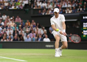 Andy Murray versus Stefanos Tsitsipas; Murray with a backhand return. Photo Courtesy: 6th July 2023; All England Lawn Tennis and Croquet Club, London, England