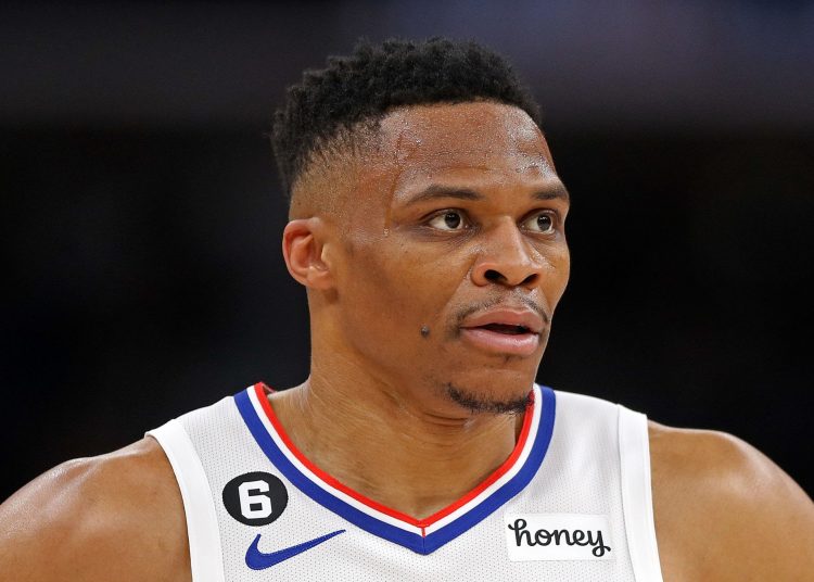 Russell Westbrook #0 of the LA Clippers looks on during the game against the Memphis Grizzlies at FedExForum on March 31, 2023 in Memphis Photo by Justin Ford/Getty Images)