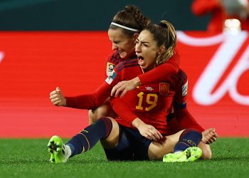 Olga Carmona celebrates scoring their second goal with Teresa Abelleira REUTERS/Hannah Mckay