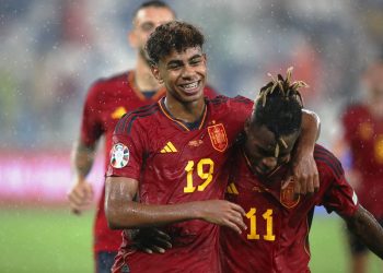 Georgia v Spain - Lamine Yamal celebrates scoring their seventh goal with teammate Nico Williams REUTERS/Irakli Gedenidze
