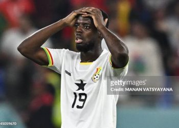 9 Inaki Williams reacts during the Qatar 2022 World Cup Group H football match. (Photo by MANAN VATSYAYANA/AFP via Getty Images)