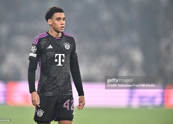 Jamal Musiala of Bayern Munich during the UEFA Champions League match between F.C. Copenhagen and FC Bayern Munich (Photo by Sebastian Frej/MB Media/Getty Images)