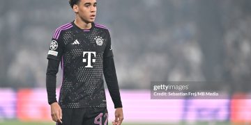 Jamal Musiala of Bayern Munich during the UEFA Champions League match between F.C. Copenhagen and FC Bayern Munich (Photo by Sebastian Frej/MB Media/Getty Images)