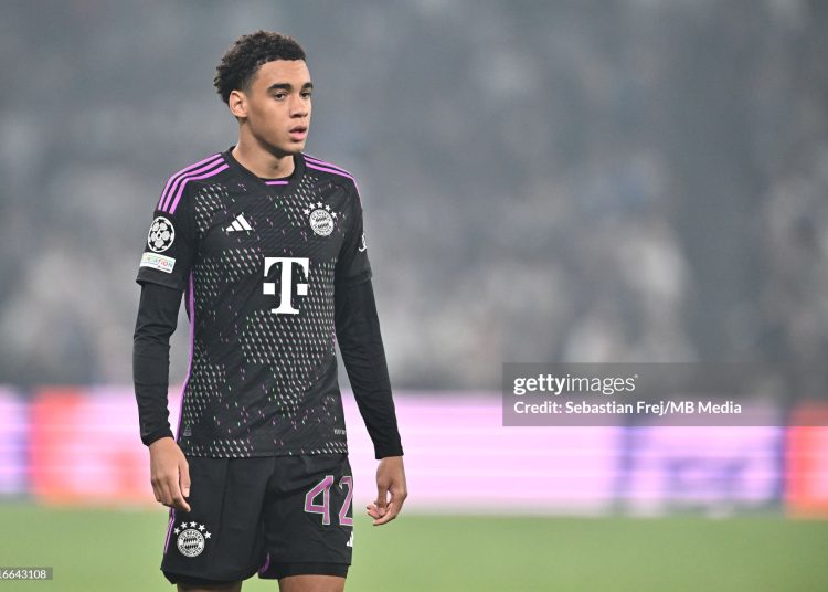 Jamal Musiala of Bayern Munich during the UEFA Champions League match between F.C. Copenhagen and FC Bayern Munich (Photo by Sebastian Frej/MB Media/Getty Images)