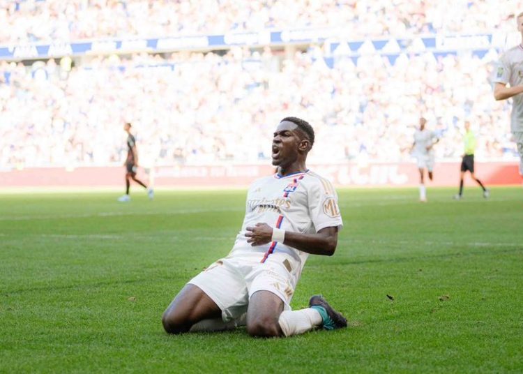 Nuamah celebrates debut Lyon goal Photo Credit: @Nana_Nuamah10 on X