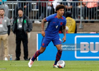 Chris Richards (4) looks wide during a match between the United Sates and Germany. (Photo by Fred Kfoury III/Icon Sportswire via Getty Images)
