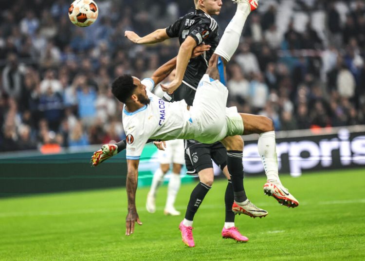 Pierre-Emerick AUBAMEYANG of Marseille scores his second goal against Ajax (Photo by Johnny Fidelin/Icon Sport)