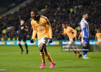 Abdul Fatawu of Leicester City celebrates his goal against Sheffield Wednesday (Photo by Ben Roberts Photo/Getty Images)