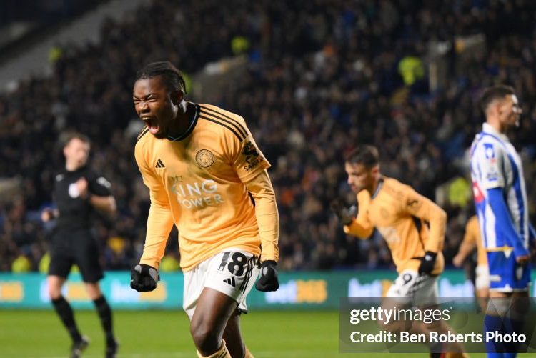 Abdul Fatawu of Leicester City celebrates his goal against Sheffield Wednesday (Photo by Ben Roberts Photo/Getty Images)