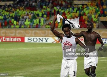 Ghana's forward Ransford Osei (L) and defender Jonathan Mensah celebrate after beating South Korea in their FIFA Under-20 World Cup quarter-final football match AFP PHOTO/CRIS BOURONCLE via Getty Images