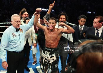 Devin Haney celebrates defeating Regis Prograis in their WBC World Super Lightweight Title fight at Chase Center (Photo by Ezra Shaw/Getty Images)