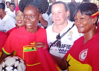 Nora Hauptle (middle) was mopped by fans at the Kotoka International Airport