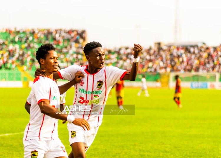 Kotoko's Isaac Oppong (left) celebrates goal against Hearts of Oak